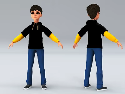 3D Young Man Model Front Back View With Black Hoodie Yellow Sleeves Blue Jeans 3d model