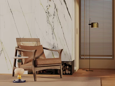 Elegant Rattan and Leather Lounge Chair with Wooden Frame and Floor Lamp 3d model