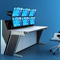 Modern Office Desk With Multiple Monitors White Chair And Cabinet On Blue Background