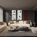 Modern Beige Sofa and Black Coffee Table Set with Soft Rug Floor Lamp and Bookshelf