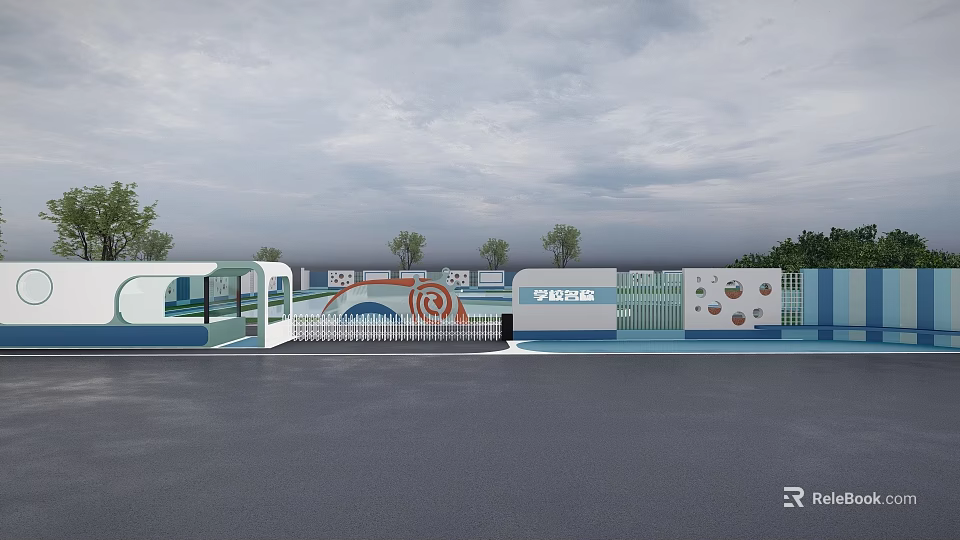 Modern Building Exterior Wall With Blue White Geometric Patterns Circular Decorations And Trees Background 3d model