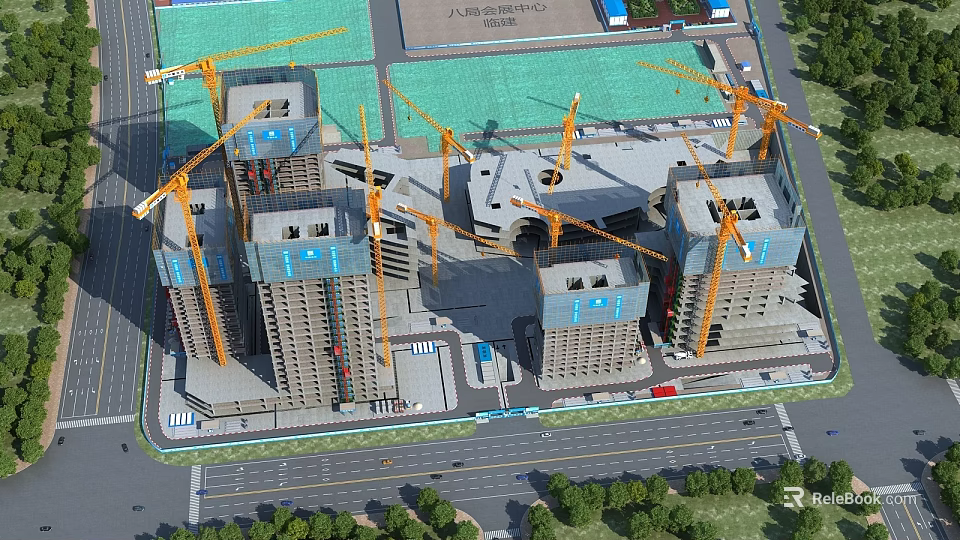 Busy Construction Site With Multiple Cranes And Tall Buildings Under Construction 3d model 
