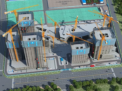 Busy Construction Site With Multiple Cranes And Tall Buildings Under Construction 3d model