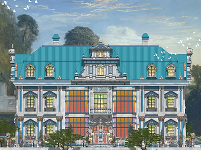 Detached Villa Featuring Blue Roof Colorful Windows And Symmetrical Design Surrounded By Trees 3d model