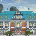 Detached Villa Featuring Blue Roof Colorful Windows And Symmetrical Design Surrounded By Trees