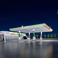 Modern Gas Station With Green Roof Fuel Pumps And Convenience Store