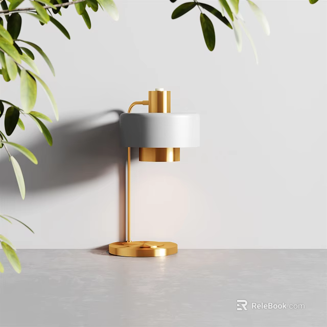 Modern Minimalist Table Lamp With Gold Base White Shade And Green Leaves On Desktop 3d model 