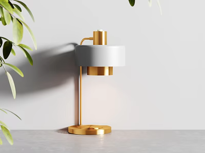 Modern Minimalist Table Lamp With Gold Base White Shade And Green Leaves On Desktop 3d model