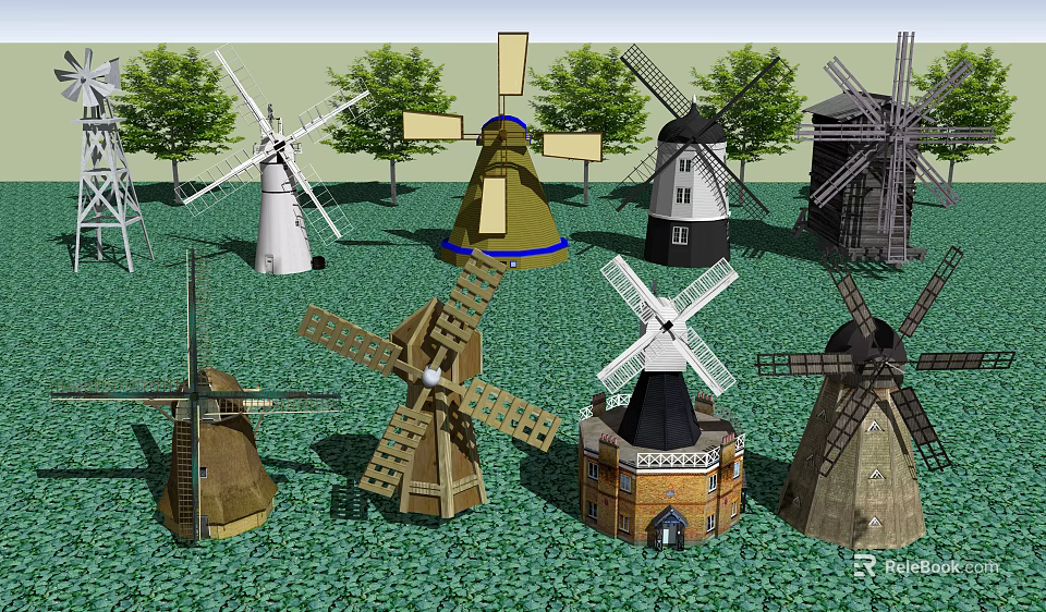 Various Traditional Windmill Architectural Structures With Diverse Designs And Wooden Blades 3d model 