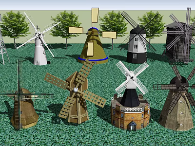 Various Traditional Windmill Architectural Structures With Diverse Designs And Wooden Blades 3d model