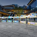 Outdoor Market Window Display Decoration With Blue Booths Ancient Costume Model And Modern Building Background