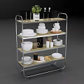 Modern Open Storage Cabinet With Multiple Tiers Holding Dishes Bowls Cups Bottles And Green Plant