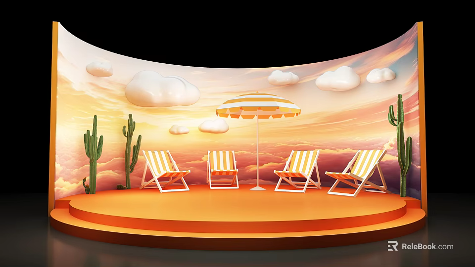 Commercial Outdoor Deck Chairs And Umbrella On Orange Stage With Sunset Sky Clouds And Cacti 3d model 