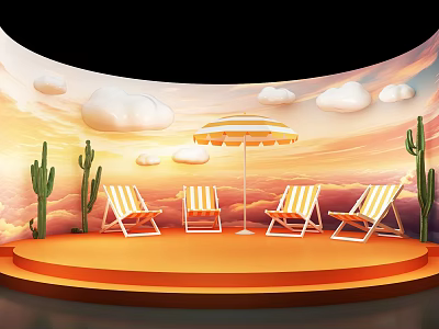 Commercial Outdoor Deck Chairs And Umbrella On Orange Stage With Sunset Sky Clouds And Cacti 3d model