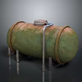 Rusted Green Cylindrical Tank with Metal Stand Top Device and Pipe