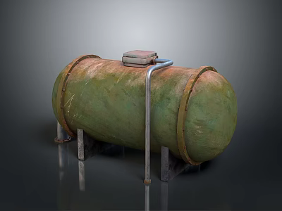 Rusted Green Cylindrical Tank with Metal Stand Top Device and Pipe 3d model