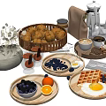 Delicious Breakfast Food With Muffins Blueberries Waffles Fried Egg And Coffee On Wooden Trays