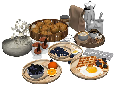 Delicious Breakfast Food With Muffins Blueberries Waffles Fried Egg And Coffee On Wooden Trays 3d model