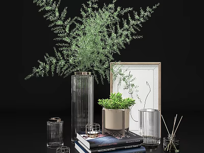 Decorative Ornament Set With Green Plants In Glass Vases Picture Frame Books And Scented Sticks 3d model