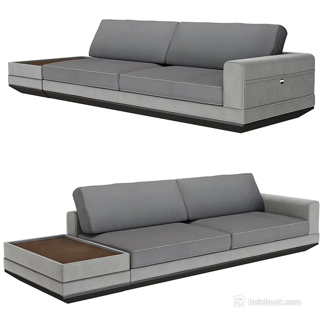 Modern Gray Two Seater Sofa Featuring Wooden Side Table And Sleek Design 3d model