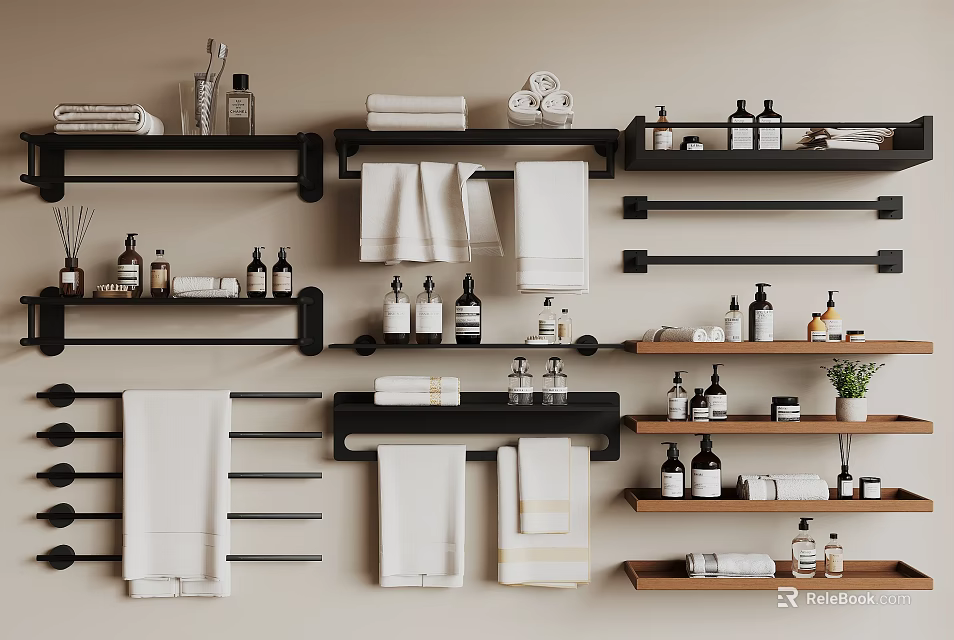 Organized Towels in Modern Bathroom with Black Racks Wooden Shelves and Toiletries 3d model 