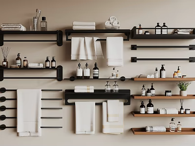 Organized Towels in Modern Bathroom with Black Racks Wooden Shelves and Toiletries 3d model