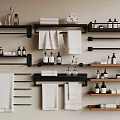 Organized Towels in Modern Bathroom with Black Racks Wooden Shelves and Toiletries
