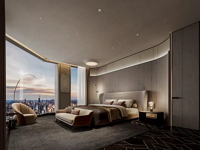 Modern Bedroom Interior Design With Large Window City View Gray Wall And Upholstered Headboard 3d model