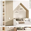 Cozy Kids Bed with House Shaped Headboard Decorative Cloud Lights Light Wood Storage