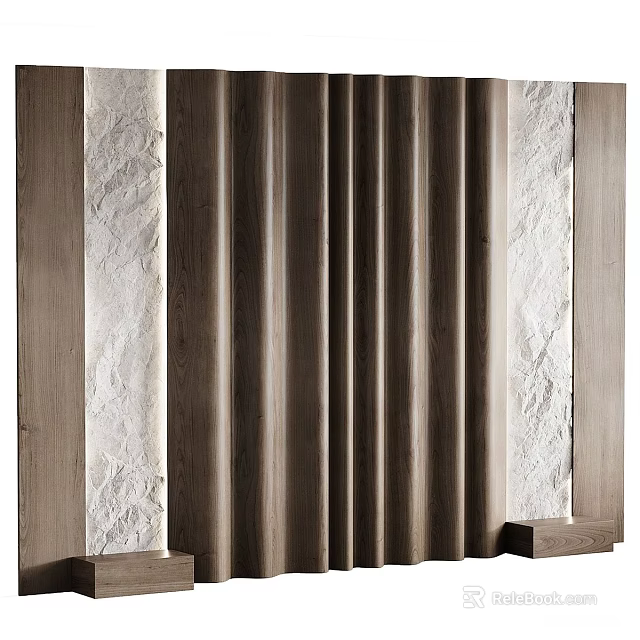 Bedroom Accent Wall Design With Wooden Vertical Panels Stone Texture And Side Pedestals 3d model 