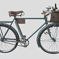 Vintage Blue Bicycle With Front Wicker Basket And Brown Leather Seat