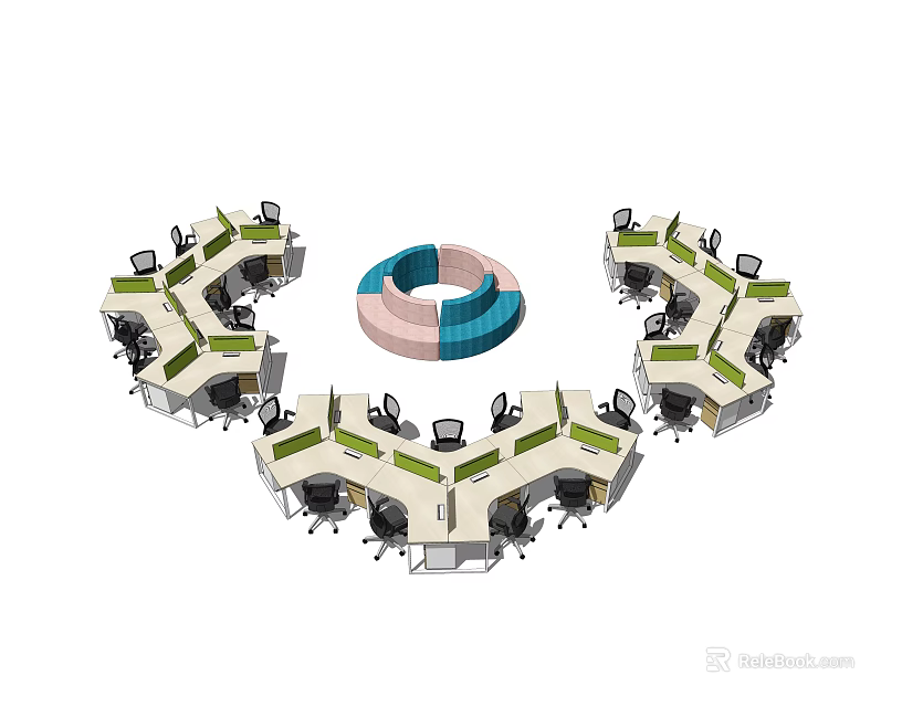 Circular Arrangement Of Modern Office Desks With Central Round Table And Chairs 3d model 