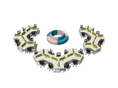 Circular Arrangement Of Modern Office Desks With Central Round Table And Chairs 3d model