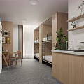 Modern Student Dorm Room With Bunk Beds Wooden Lockers Desk Chair Shelves Plant And Decorations