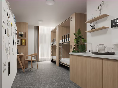 Modern Student Dorm Room With Bunk Beds Wooden Lockers Desk Chair Shelves Plant And Decorations 3d model