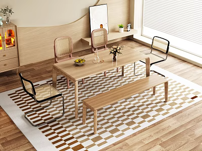 Modern Wooden Dining Table Set With Chairs Bench Checkered Rug And Decor 3d model