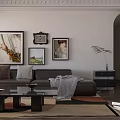 Modern Living Dining Room Interior With Dark Table Pendant Light Curtains And Cabinets
