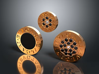 Golden Circular Decorative Household Items With Engraved Letters And Black Gemstones 3d model