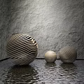 Wooden Spherical Sculpture Carving With Striped Spiral Texture On Water Surface Against Gray Textured Wall