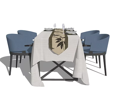 Modern Dining Table Set With White Tablecloth Leaf Pattern And Four Blue Chairs 3d model