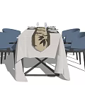 Modern Dining Table Set With White Tablecloth Leaf Pattern And Four Blue Chairs 3d model