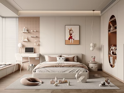 Cozy Kids Room Interior With Bed Desk Shelves Toys And Soft Tones Rug 3d model