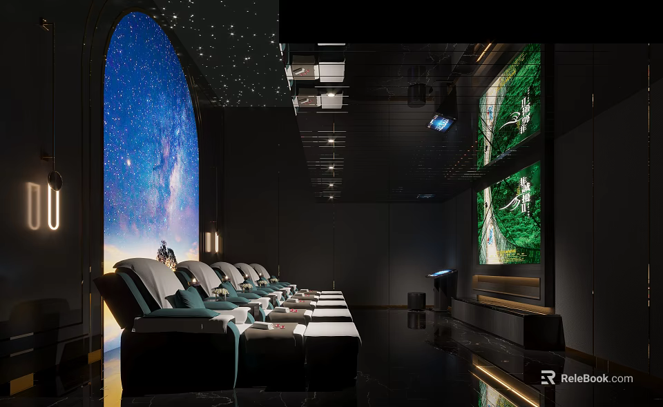 Luxury SPA Sauna Featuring Starry Ceiling Curved Starry Wall Green Plant Projections And Comfortable Recliners 3d model 