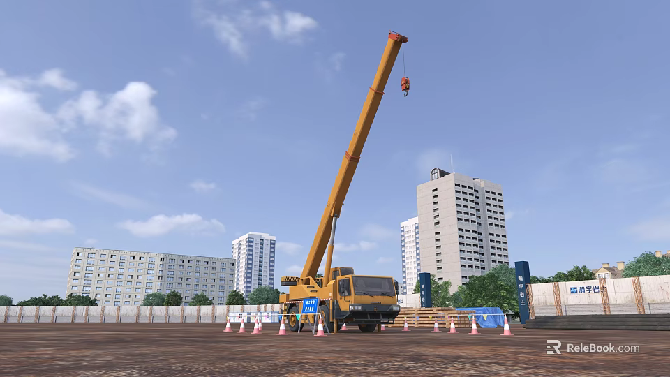 Yellow Crane Utility Vehicle Operating At Construction Site With High Rise Buildings And Traffic Cones 3d model 