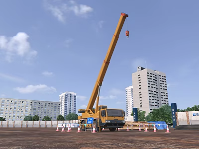 Yellow Crane Utility Vehicle Operating At Construction Site With High Rise Buildings And Traffic Cones 3d model