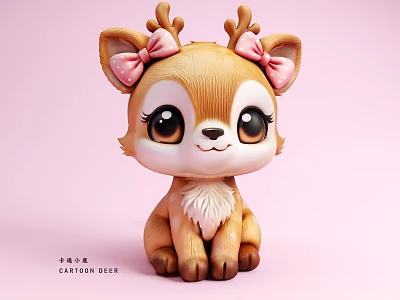 Cute Cartoon Deer Figurine With Pink Bows Big Eyes And Pink Background 3d model