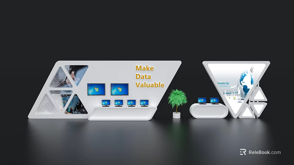 Modern White Exhibition Island With Display Screens Make Data Valuable Slogan And Potted Plant 3d model 