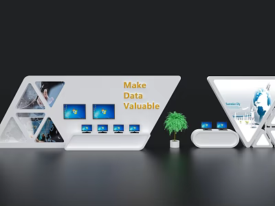 Modern White Exhibition Island With Display Screens Make Data Valuable Slogan And Potted Plant 3d model
