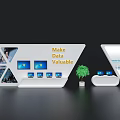 Modern White Exhibition Island With Display Screens Make Data Valuable Slogan And Potted Plant