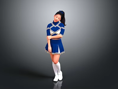 Young Woman In Blue And White Cheerleader Uniform Posing Against Gray Background 3d model